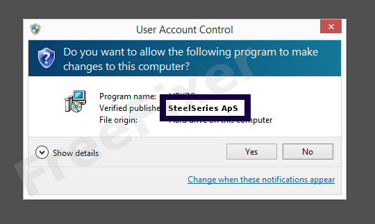 Screenshot where SteelSeries ApS appears as the verified publisher in the UAC dialog